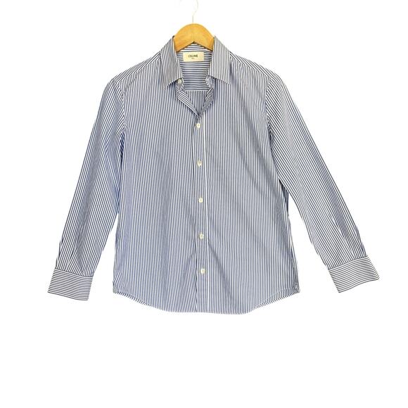 CELINE Paris Striped Button Up Shirt Women's 38 Blue White Cotton Long Sleeve - Picture 1 of 11